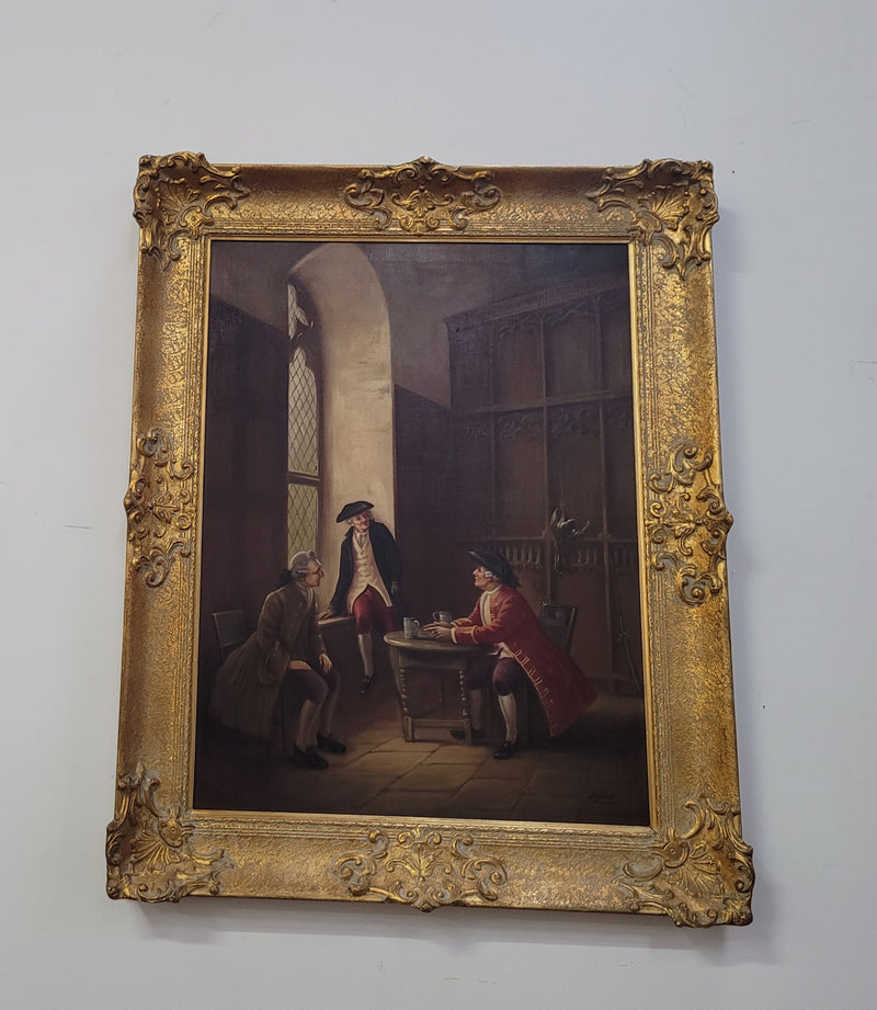 An engaging gilt framed signed oil on canvas of a "French Interior Scene". It has been sourced from France and is in good original detailed condition.