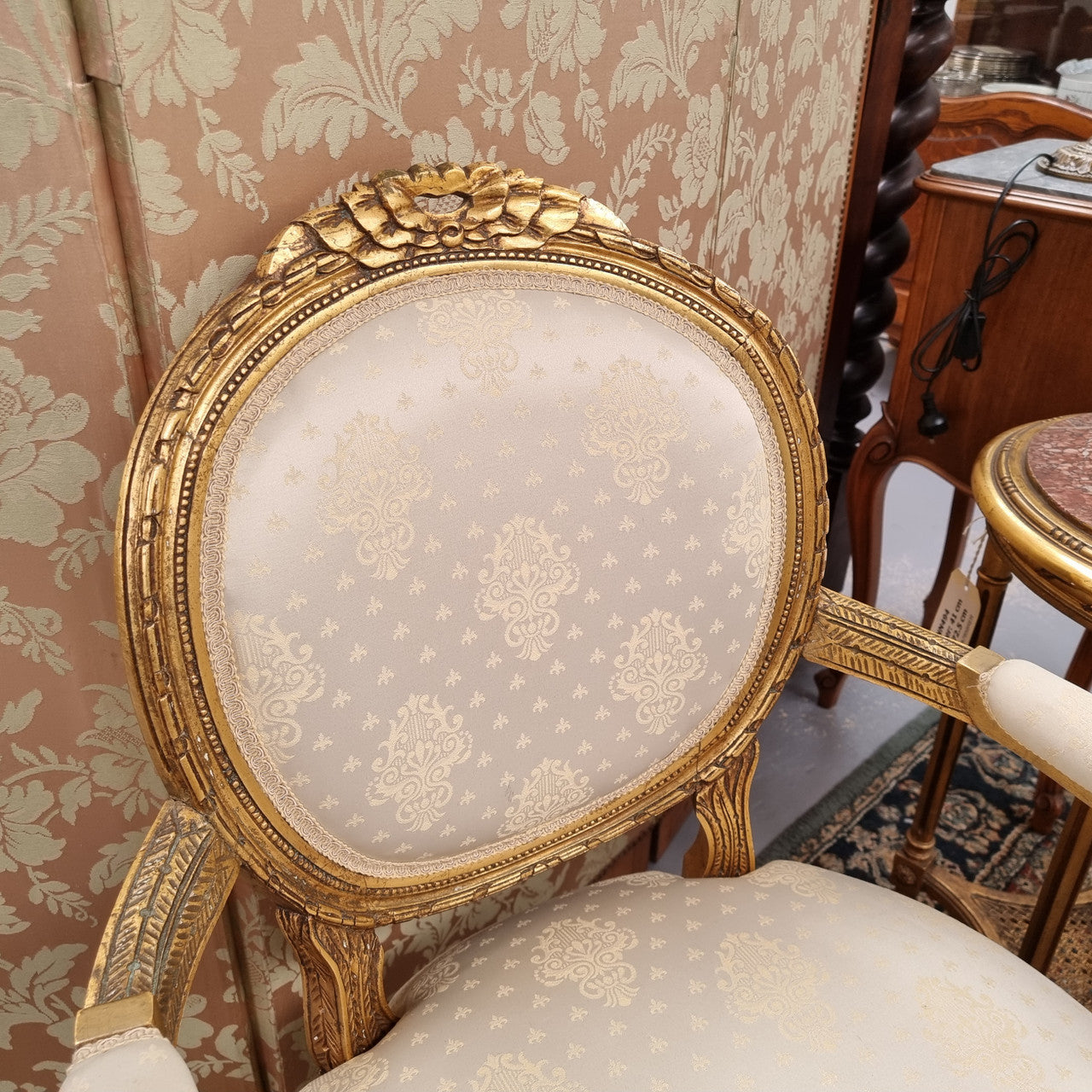 French Louis XVI style salon lounge suite with amazing like new upholstery. In good original condition and with like new fabric upholstery with very little sign of use. Please request more photos if required as they help form part of the description.