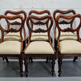 Set of six Victorian style balloon back chairs with lovely carved detail on legs and backs. Cream coloured upholstered seats and fabric is in good condition with some sign on use. Overall chairs are in good original detailed condition.