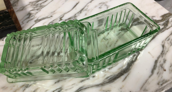 Green Depression Glass Butter Dish