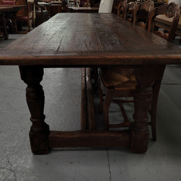 Amazing 2.65 meter French Elm Refectory dining table with loads of rustic charm. This table has been sourced from France and can comfortably seat ten people. It is in good original detailed condition.