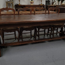 Amazing 2.65 meter French Elm Refectory dining table with loads of rustic charm. This table has been sourced from France and can comfortably seat ten people. It is in good original detailed condition.