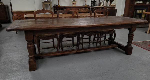 Amazing 2.65 meter French Elm Refectory dining table with loads of rustic charm. This table has been sourced from France and can comfortably seat ten people. It is in good original detailed condition.