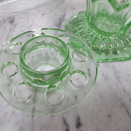 Beautiful green depression glass flower vase with insert. in good original condition.