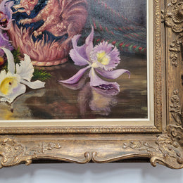 Stunning oil on canvas still life of flowers and vase painting in gilt frame. Sourced in France and signed by Belgium artist M.Degreef. It is in good original detailed condition.
