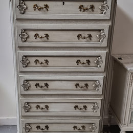 French Louis 15th style Vintage six drawer chest with panelled sides, carving and original paint.  Sourced from France and in good original condition.