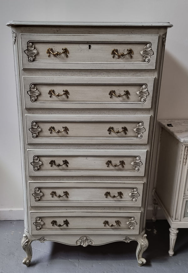 French Louis 15th style Vintage six drawer chest with panelled sides, carving and original paint.  Sourced from France and in good original condition.