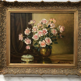 Large French signed oil on canvas of flowers. From circa 1950s and is in good original condition.