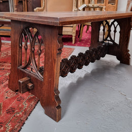 Sourced from France is this beautiful French Oak Gothic style coffee table with lovely carved details. It is in good original detailed condition.