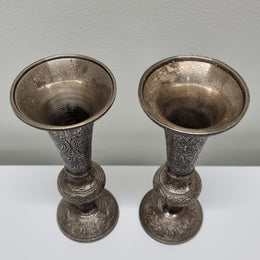 Pair of antique Indian silver plated vases with markings 'I, 546'. Sourced locally. They are in good original condition.