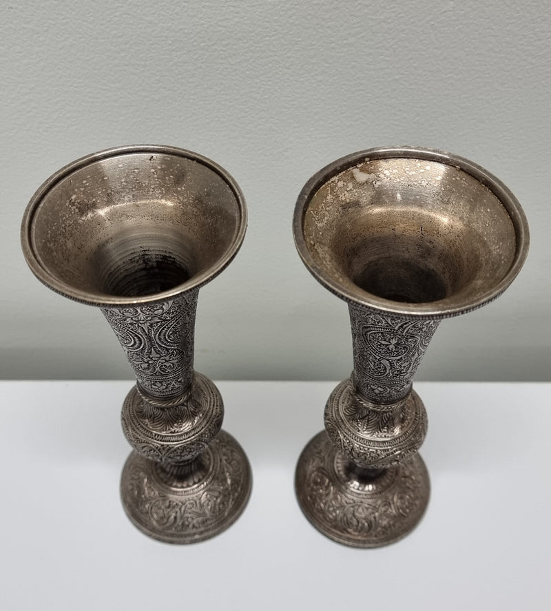 Pair of antique Indian silver plated vases with markings 'I, 546'. Sourced locally. They are in good original condition.