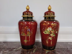 Matched Pair of Very Large Crown Devon Hand Painted Ruby Lustre Vases | Antique & Vintage | Moonee Ponds Antiques | Australia Wide Delivery