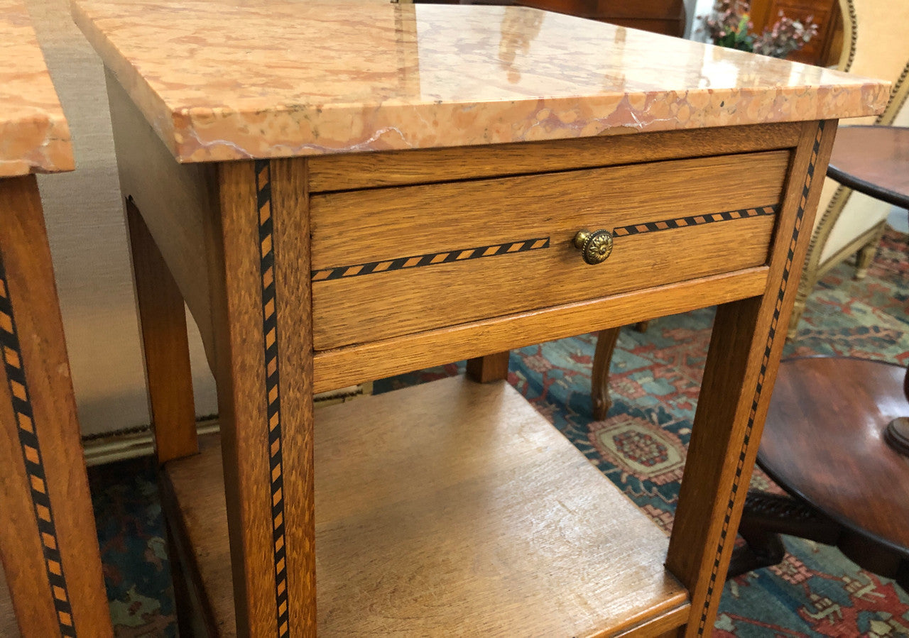 Beautiful Pair of French Oak Inlaid Marble Top Bedside Cabinets | Antique & Vintage | Moonee Ponds Antiques | Australia Wide Delivery