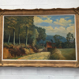 Large French oil on canvas of "country cottage" scene in a beautiful ornate gilt frame. In good original detailed condition.