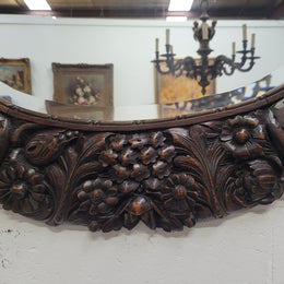 Unusual Art Deco Shaped & Bevelled Mirror Half Framed with Carved Oak
