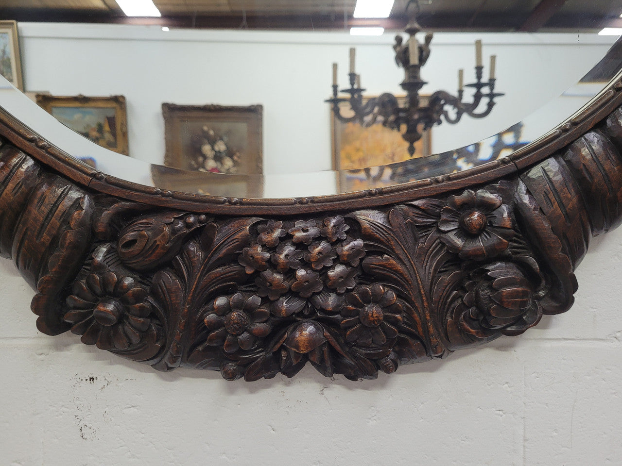 Unusual Art Deco Shaped & Bevelled Mirror Half Framed with Carved Oak