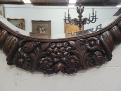 Unusual Art Deco Shaped & Bevelled Mirror Half Framed with Carved Oak | Antique & Vintage | Moonee Ponds Antiques | Australia Wide Delivery
