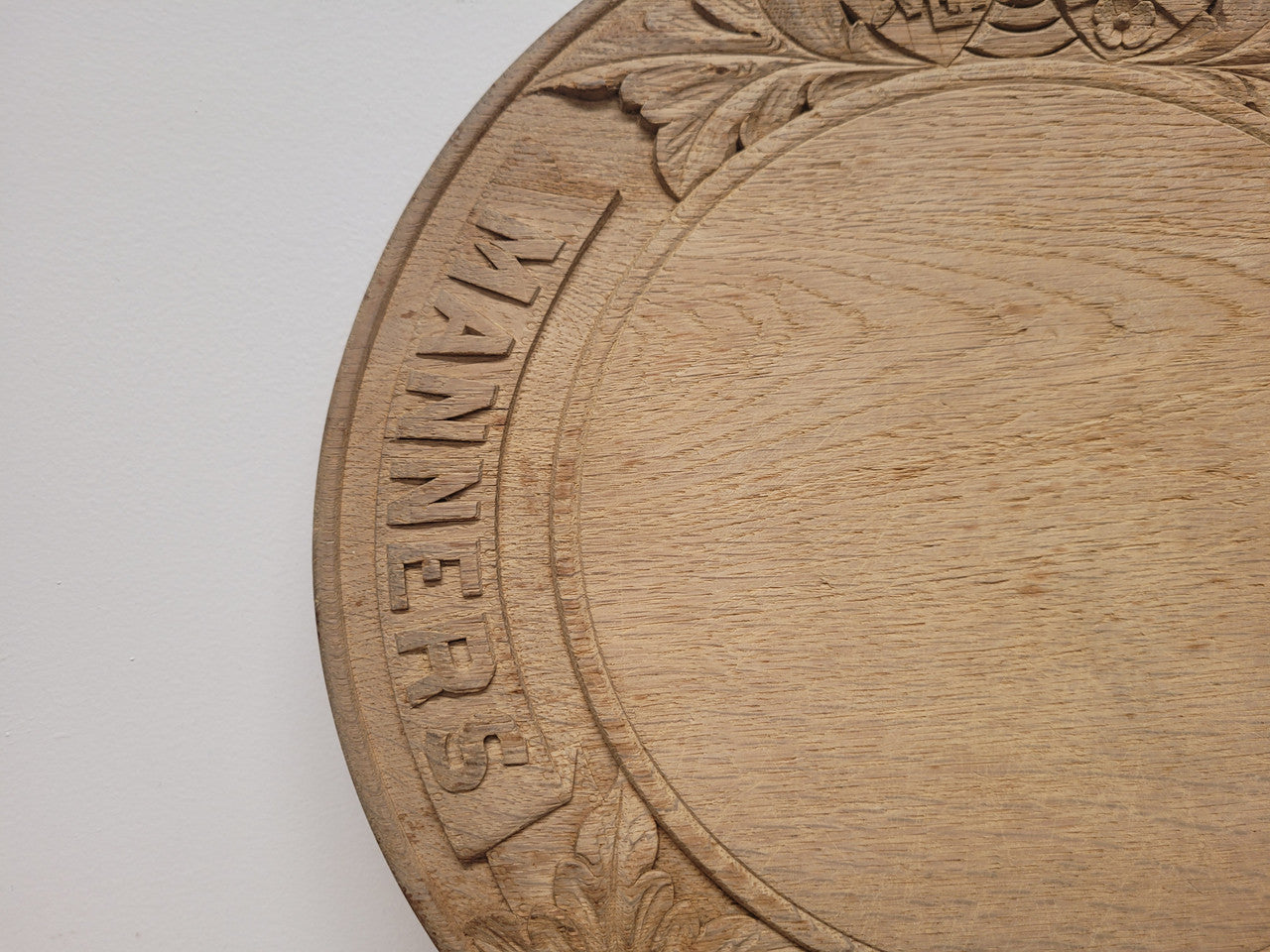 Antique Circular Oak Bread Board Carved with “Manners Makyth Man” & the Arms of Winchester College England | Antique & Vintage | Moonee Ponds Antiques | Australia Wide Delivery
