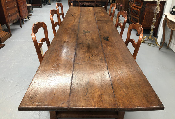 19th Century French three meter Farmhouse table with a beautiful original rustic top. In very good original detailed condition.