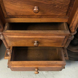Henry II style Walnut inset marble top single bedside. Plenty of storage space with 4 drawers and a small cupboard space. In good original detailed condition.