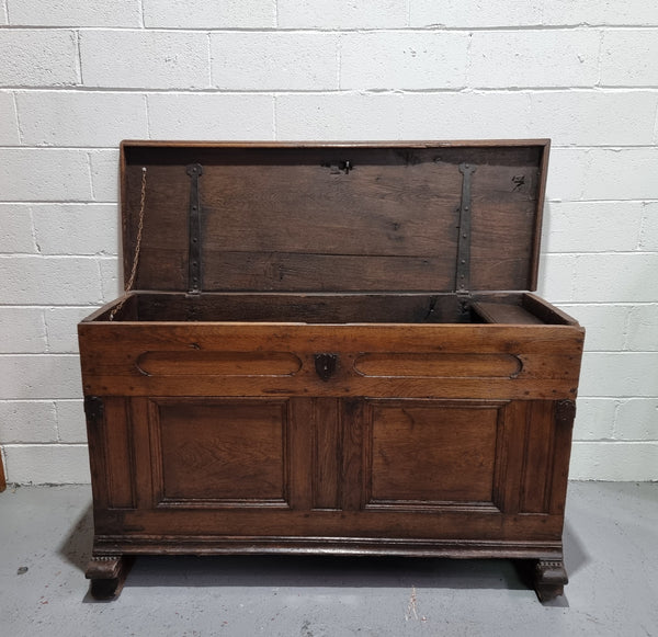 Fabulous early 19th Century French Oak carved coffer/ trunk. It has amazing patina and has a small inside storage section which originally would of been used for candles. It is in in good original condition.