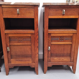 Pair of French Oak Arts & Crafts Marble Top Bedsides