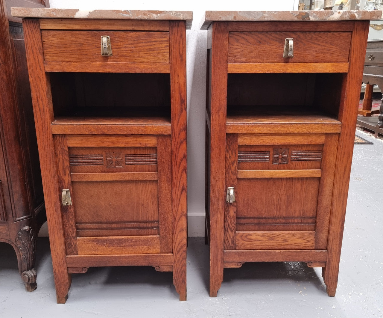 Pair of French Oak Arts & Crafts Marble Top Bedsides