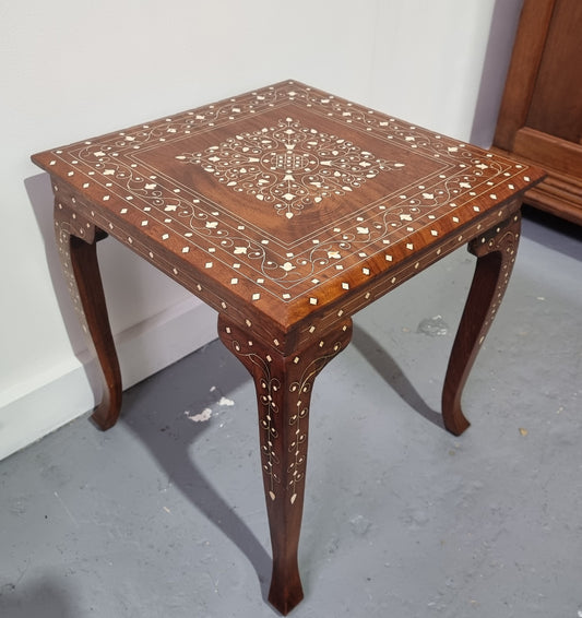 Stunning Indian Teak bone inlay square occasional table. In good original detailed condition.