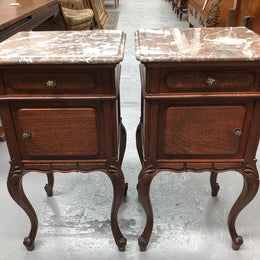 Pair Of  French Oak & Marble Top Bedsides
