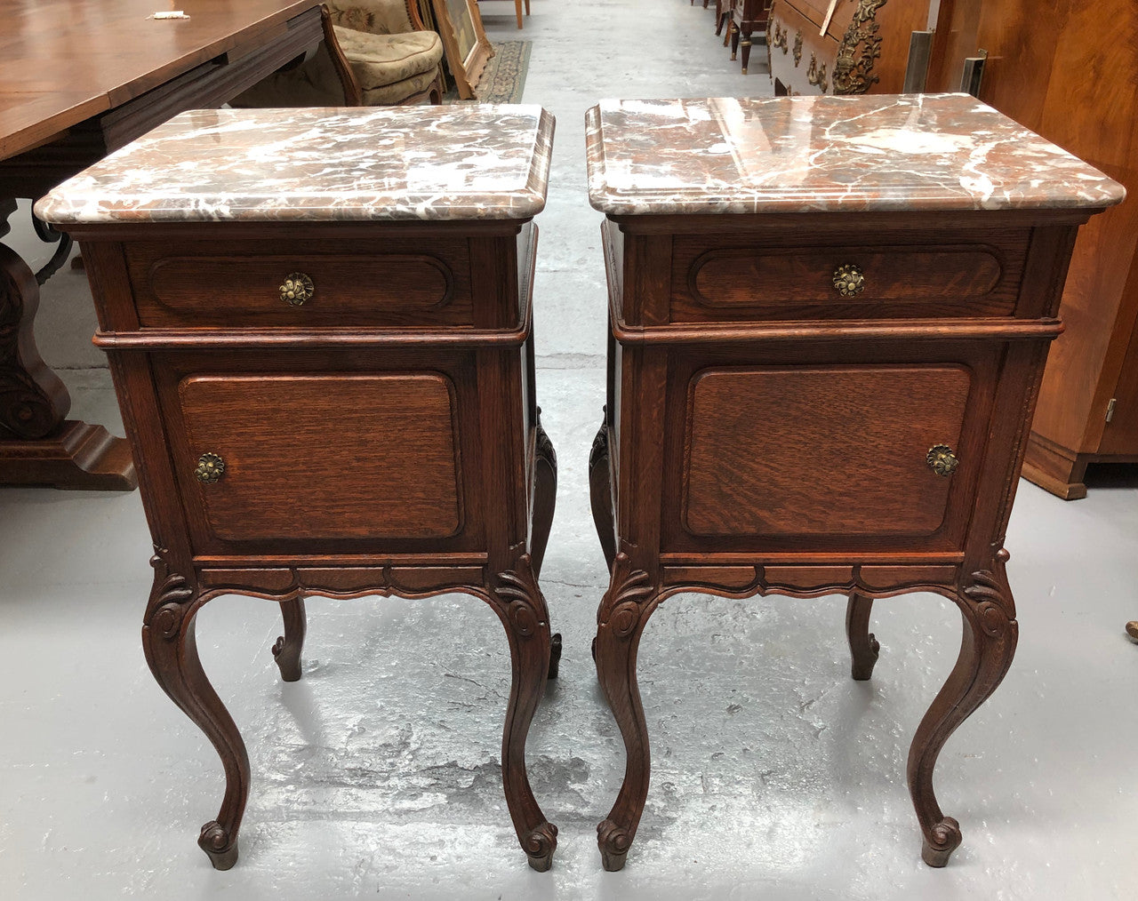 Pair Of French Oak & Marble Top Bedsides | Antique & Vintage | Moonee Ponds Antiques | Australia Wide Delivery