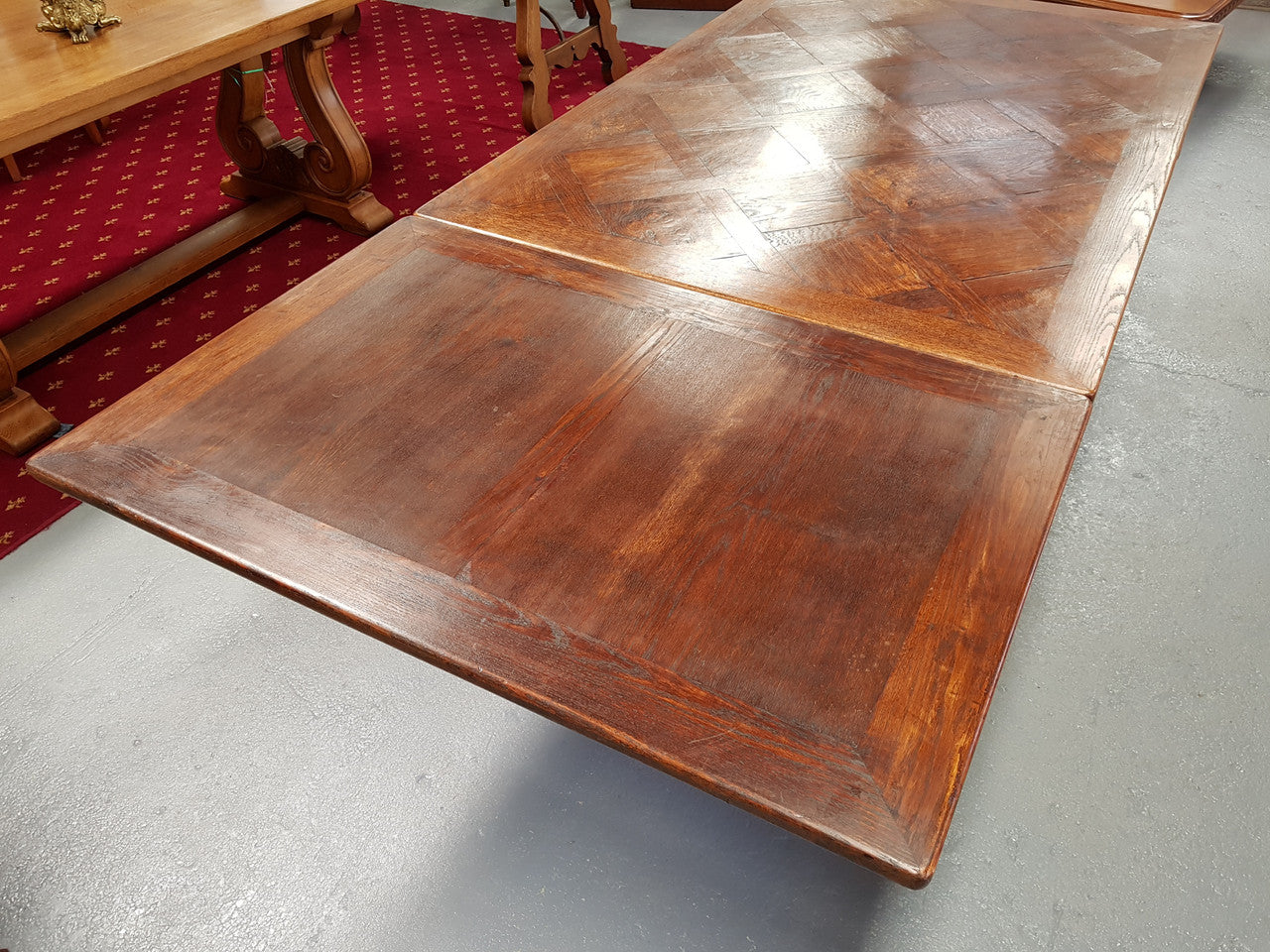 Large Rustic French Oak Parquetry Top Extending Table