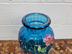 Decorative Victorian Enameled Hand Painted Blue Glass Vase "Bird and Flower Scene" | Antique & Vintage | Moonee Ponds Antiques | Australia Wide Delivery
