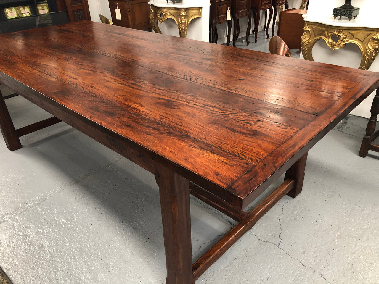 French style reclaimed timber Farmhouse table. Made from reclaimed Red Gum timber this table is very solid and has a great width at 105 cm. It is in very good original detailed condition.