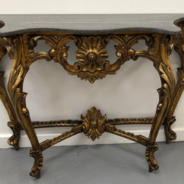 Antique French Louis XV style marble top console table & mirror set. Circa 1900 and it is in very good original condition.