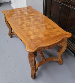 French Oak Parquetry Top Coffee Table With Decorative Carved Base | Antique & Vintage | Moonee Ponds Antiques | Australia Wide Delivery