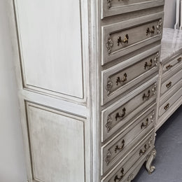 French Louis 15th style Vintage six drawer chest with panelled sides, carving and original paint.  Sourced from France and in good original condition.