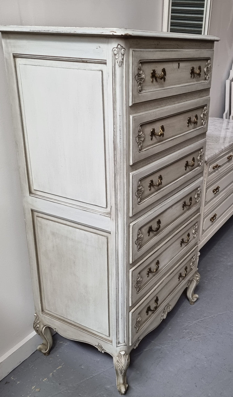 French Louis 15th style Vintage six drawer chest with panelled sides, carving and original paint.  Sourced from France and in good original condition.