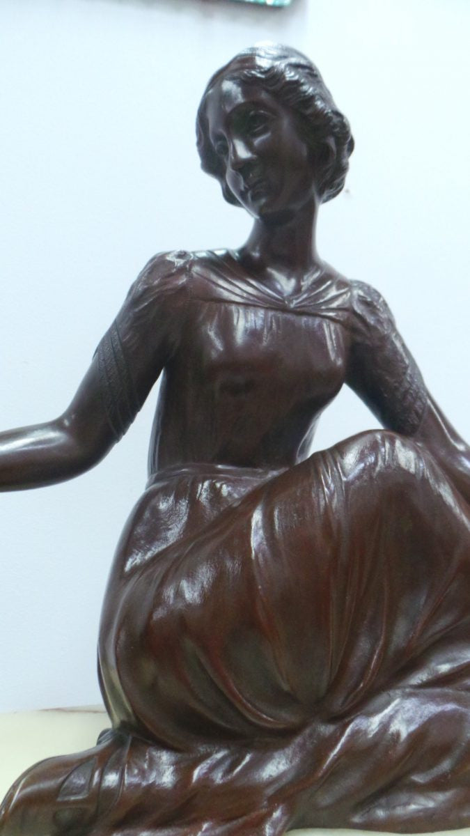 Art Deco Bronze Statue Of A Lady And Parrot On A Marble Base