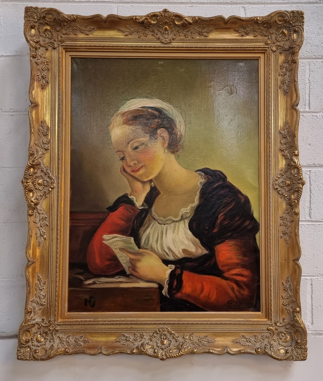 Large Gilt Framed Signed Oil on Canvas Portrait of a Maiden Reading