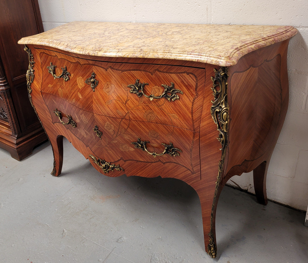 ** ON HOLD** Louis XV Style Two Drawer Marquetry Inlaid Kingwood Marble Top Commode | Antique & Vintage | Moonee Ponds Antiques | Australia Wide Delivery