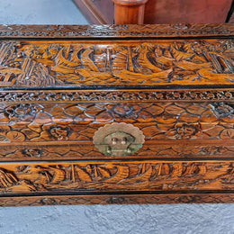 Charming Vintage Medium Size Camphor Wood Chest with Brass Closure. In original detailed condition.