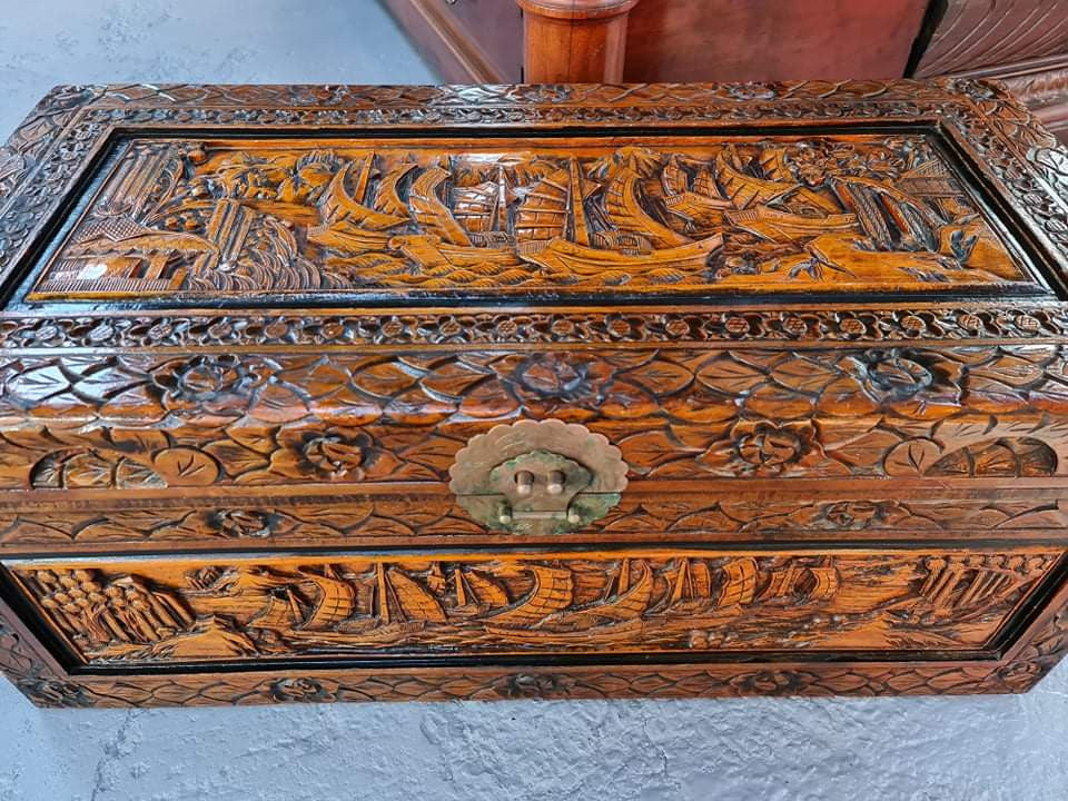 Charming Vintage Medium Size Camphor Wood Chest with Brass Closure. In original detailed condition.