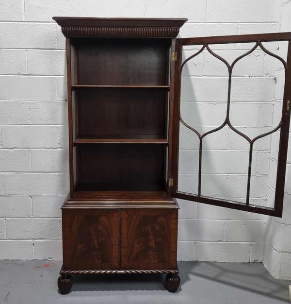 Beautiful Edwardian Walnut and Figured Walnut display cabinet of pleasing narrow proportions. In good original detailed condition