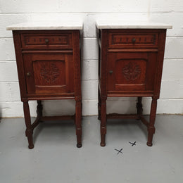 French Pair Of Oak White Marble Top Bedside Cabinets