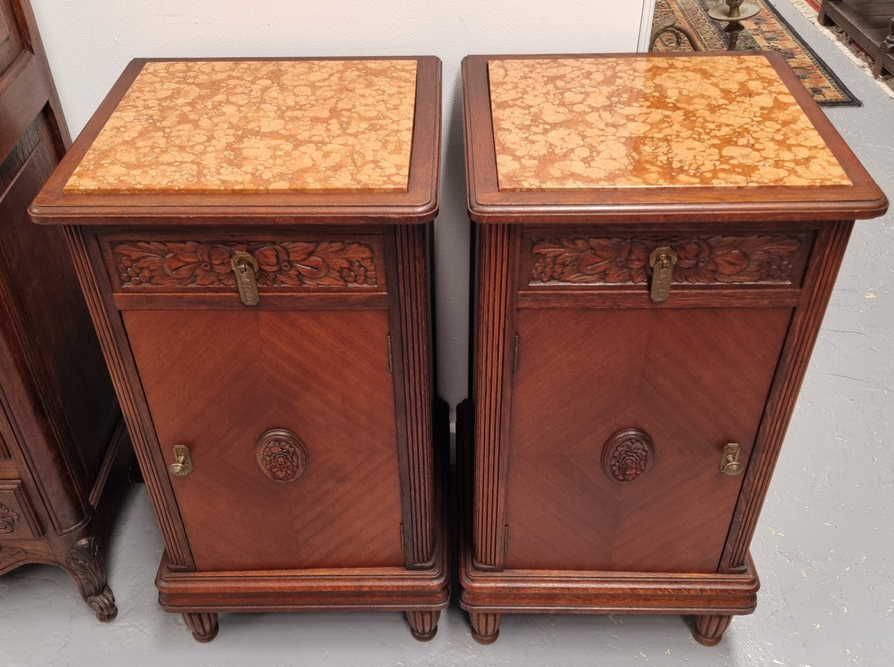 Pair Of French Oak Art Deco Inset Marble Top Bedsides