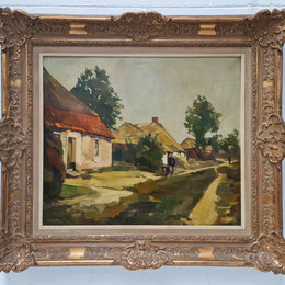 Sourced in France is this beautiful oil on canvas of a country cottage scene in a ornate decorative frame and in good original condition.