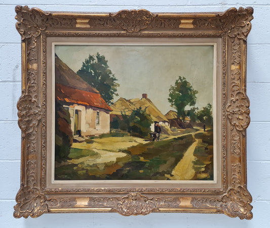 Sourced in France is this beautiful oil on canvas of a country cottage scene in a ornate decorative frame and in good original condition.