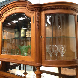 French Oak parquetry top sideboard with a glass top section for displaying and three cupboards and drawers for all your storage needs. Lovely carved details and is in good original detailed condition.