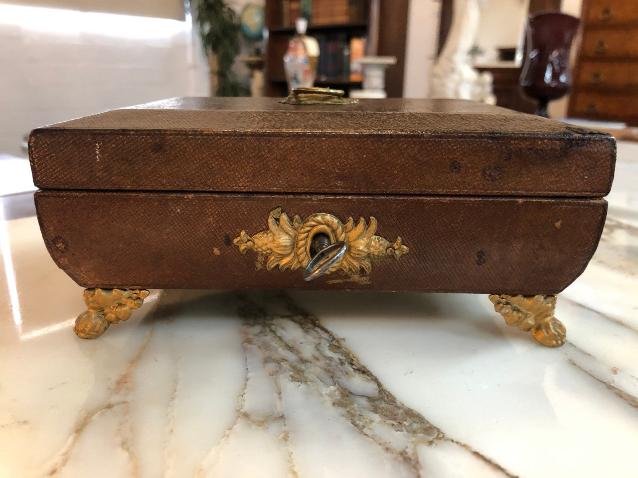 Antique Leather Lockable Trinket Box