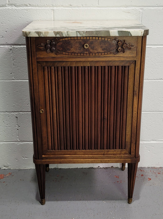 Louis XVI Style Art Deco Walnut Marble Top Side Cabinet